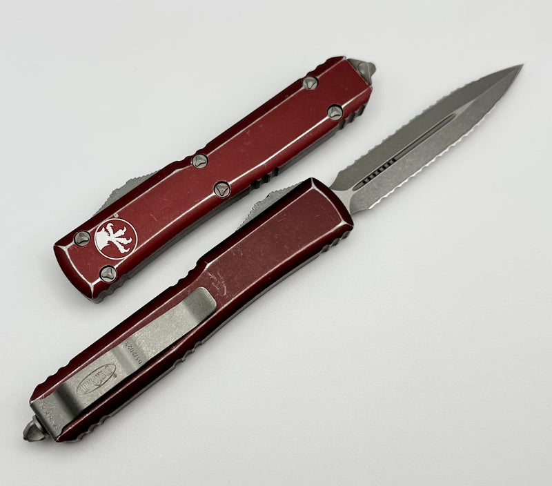 Microtech Ultratech Double Edge Double Full Serrated Apocalyptic & Distressed Merlot 122-D12DMR