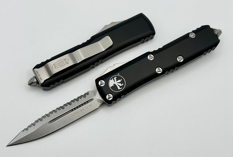 Microtech UTX-85 Double Edge Stonewash Full Serrated & Black 232-12