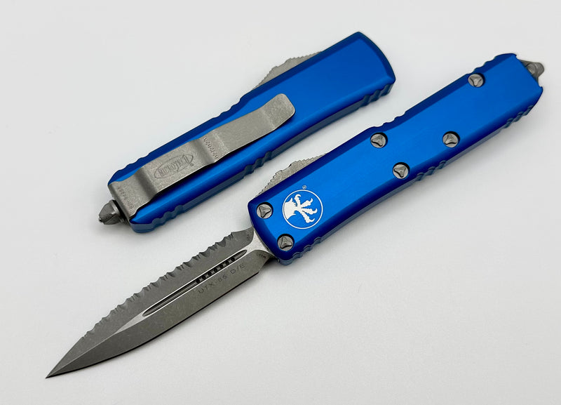 Microtech UTX-85 Double Edge Apocalyptic Full Serrated & Blue 232-12APBL