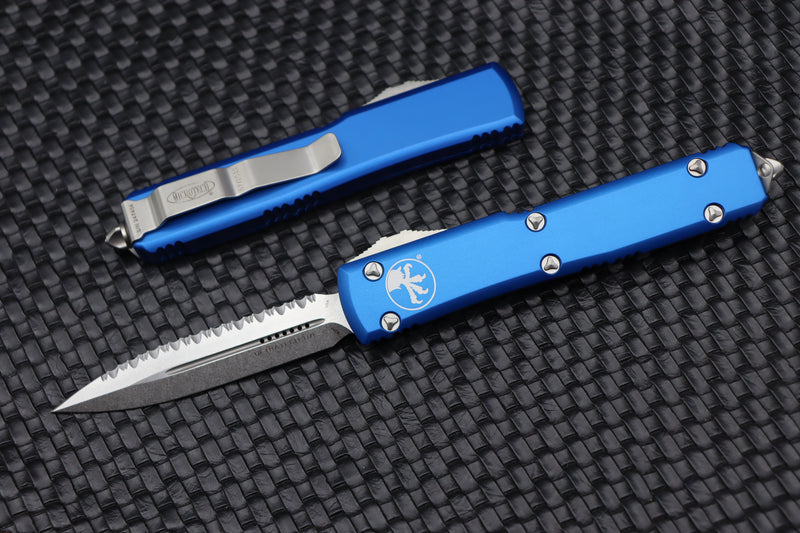 Microtech Ultratech Double Edge Stonewash Full Serrated & Blue 122-12BL