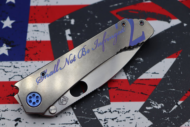 Medford Knife 187 DP Drop Point D2 Tumbled & Tumbled "2nd Amendment" Laser Handles w/ Blue Hardware/Clip