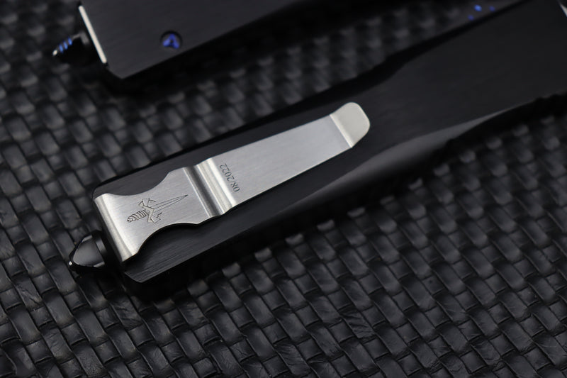 Marfione Custom Knives Combat Troodon D/E Mirror Polish w/ Hefted Black Handle & Blue Ringed Hardware