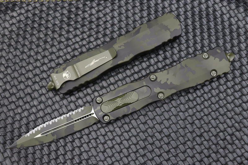 Microtech Dirac Delta Olive Camo Double Edge Fully Serrated 227-3OCS