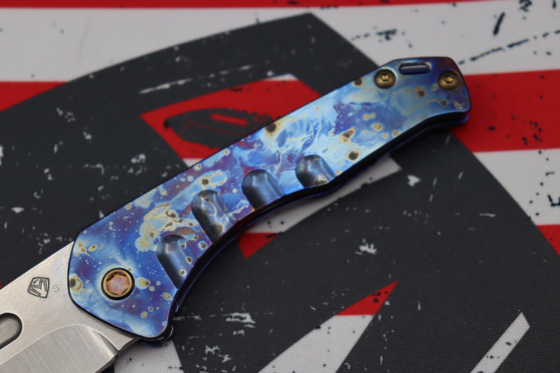 Medford Praetorian Slim S35VN Tumbled Drop Point & Faced/Flamed Galaxy Handle w/ Blue Spring & Bronze Hardware/Clip