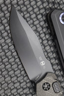 Heretic Knives Wraith Auto Black Drop Point w/ Carbon Fiber Bolster & Black Handle w/ Blue Pivot Collar H000-4A-T