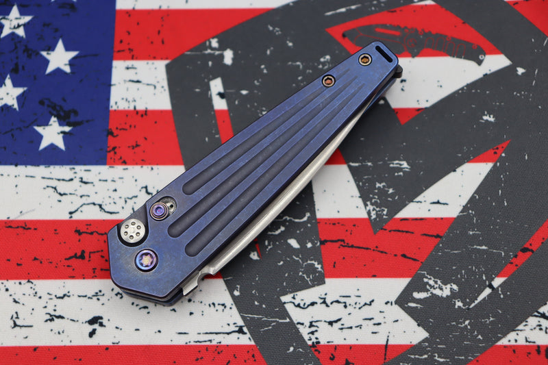 Medford Knife Nosferatu Auto Blue Handles w/ Flamed Hardware/Clip & Tumbled S45VN