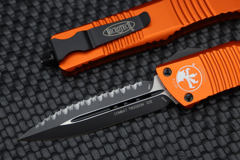Microtech Combat Troodon Black Double Edge Fully Serrated & Orange 142-3OR