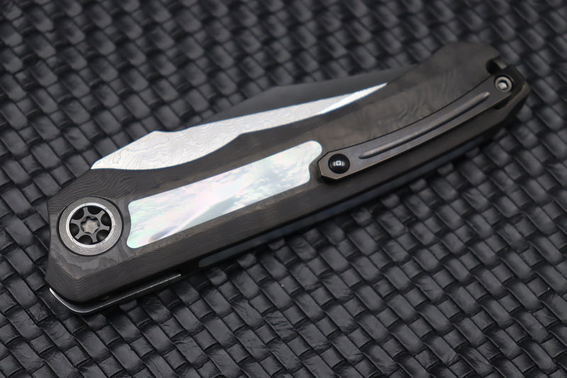 Heretic Knives Wraith Auto w/ Black Dunes Fat Carbon & Mother of Pearl Inlays & Hand Ground Vegas Forge Damascus