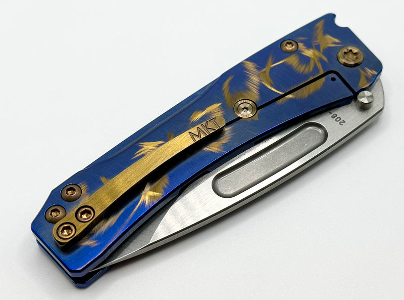 Medford Knife Slim Midi S45 Tumbled Drop Point w/ Blue/Bronze Birds of Paradise Handles & Bronze Hardware/Clip