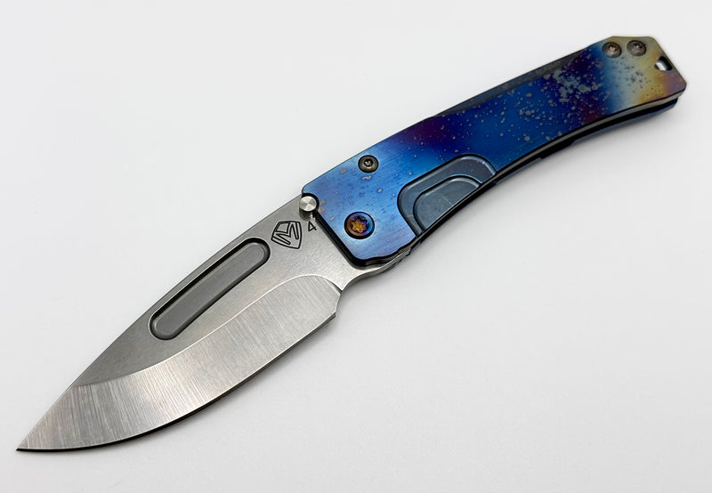 Medford Knife Slim Midi S45 Tumbled Drop Point w/ Blue Solar Flare Flamed Handles & Flamed Hardware/Clip