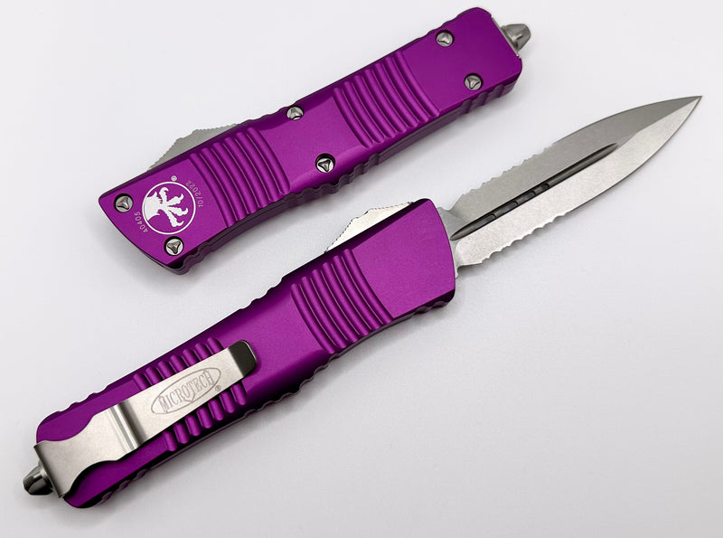 Microtech Combat Troodon Violet w/ Double Edge Stonewash Partial Serrated 142-11VI