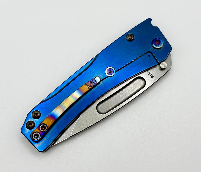 Medford Knife Slim Midi S45 Tumbled Drop Point w/ Blue Solar Flare Flamed Handles & Flamed Hardware/Clip
