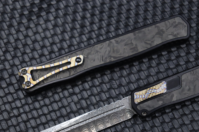 Heretic Knives Cleric II 2 Vegas Forge Damascus Tanto & Marble Carbon Fiber Inlays w/ Flamed Clip/Button