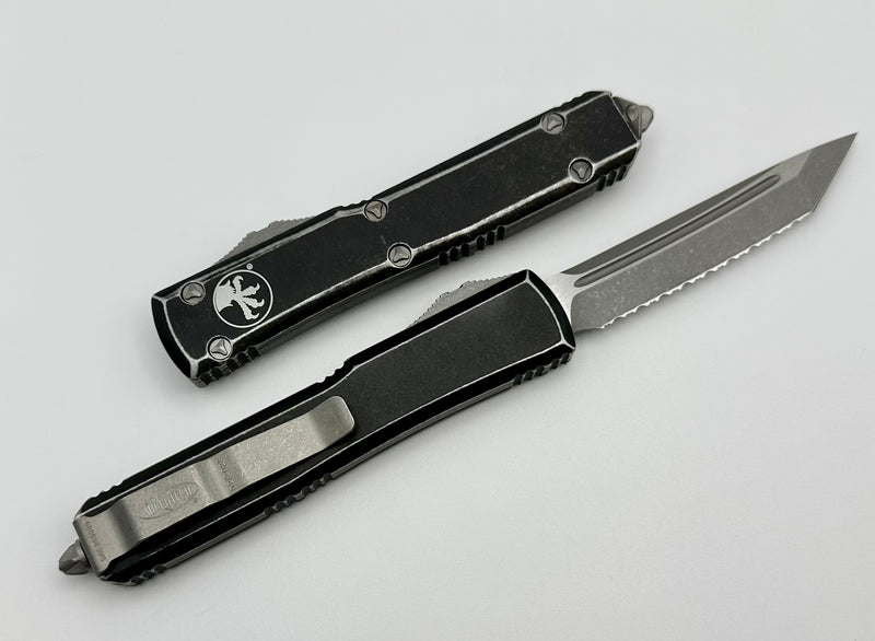 Microtech Ultratech Tanto Apocalyptic Full Serrated & Distressed Black 123-12DBK