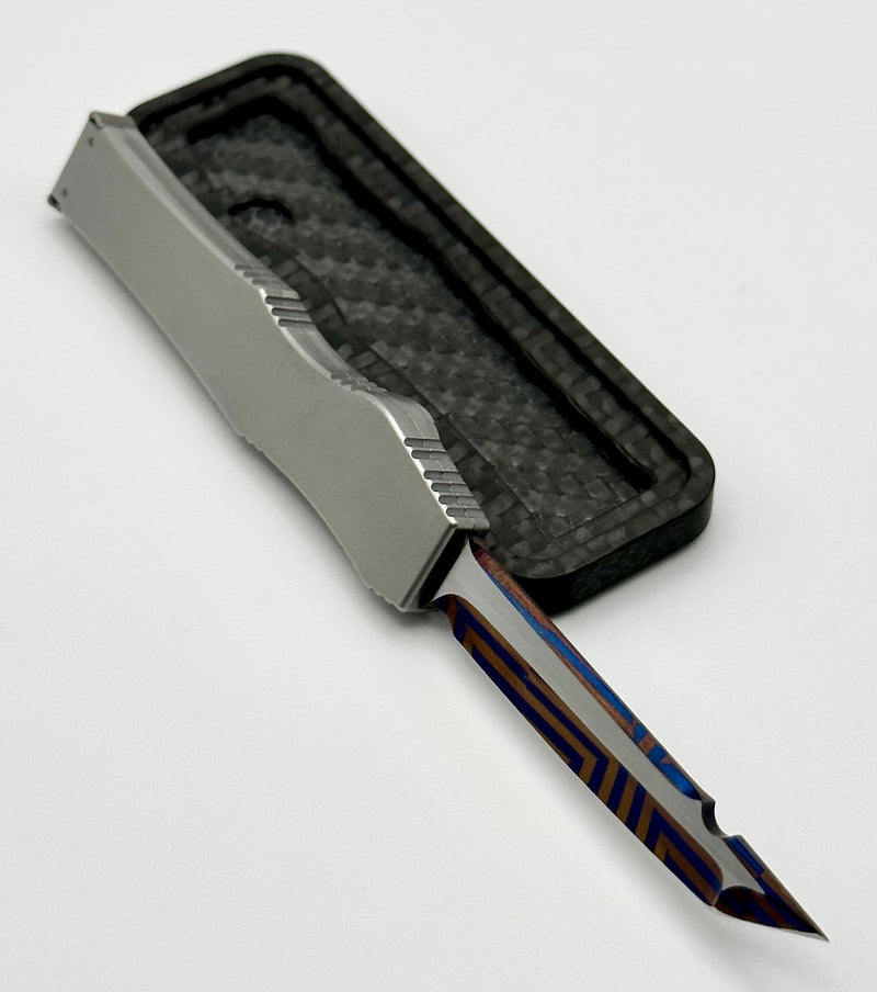 Marfione Custom Halo III Mini Star Grind Blued Mosaic Damascus Tanto w/  Stainless Steel Handle & Black Lip Pearl Inlays