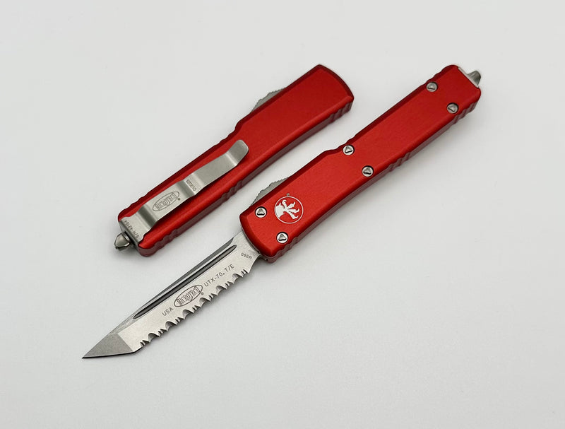 Microtech UTX-70 Tanto Edge Full Serrated Stonewash & Red 149-12RD