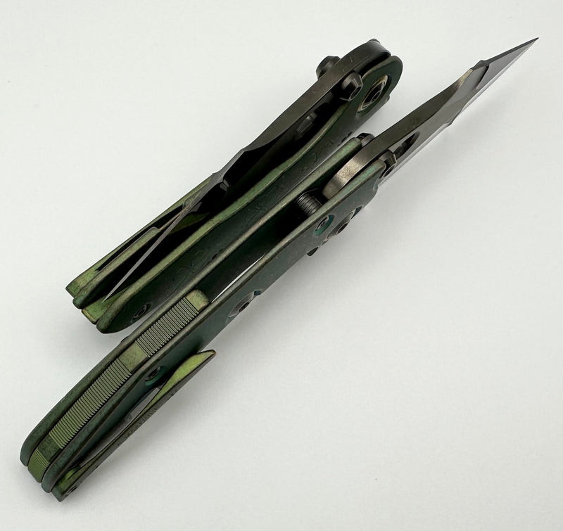 Marfione Custom Knives & Borka Blades Antique Green Lucky Stitch w/ DLC Diamond Wash Double Star Grind M390 & Antique Green Engraved Titanium
