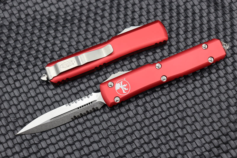 Microtech Ultratech Red & Double Edge Stonewash Partial Serrated 122-11RD