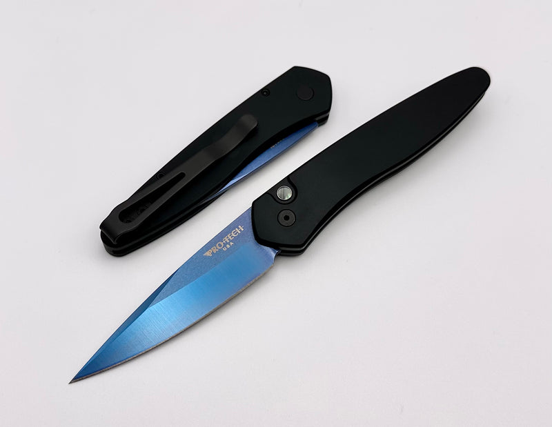 Pro-Tech Newport Black w/ Abalone Button & Blue S35VN Blade 3407-SB