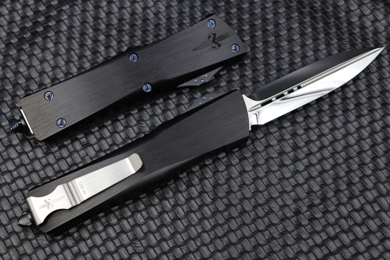Marfione Custom Knives Combat Troodon D/E Mirror Polish w/ Hefted Black Handle & Blue Ringed Hardware