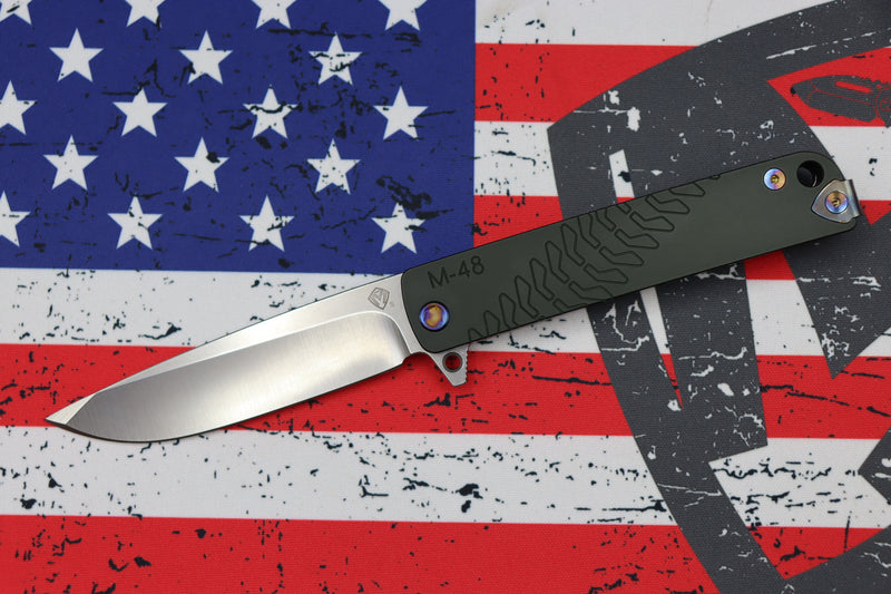 Medford M-48 Green Aluminum Handle w/ Tumbled Spring & Flamed Hardware/Clip & S35VN Tumbled Blade