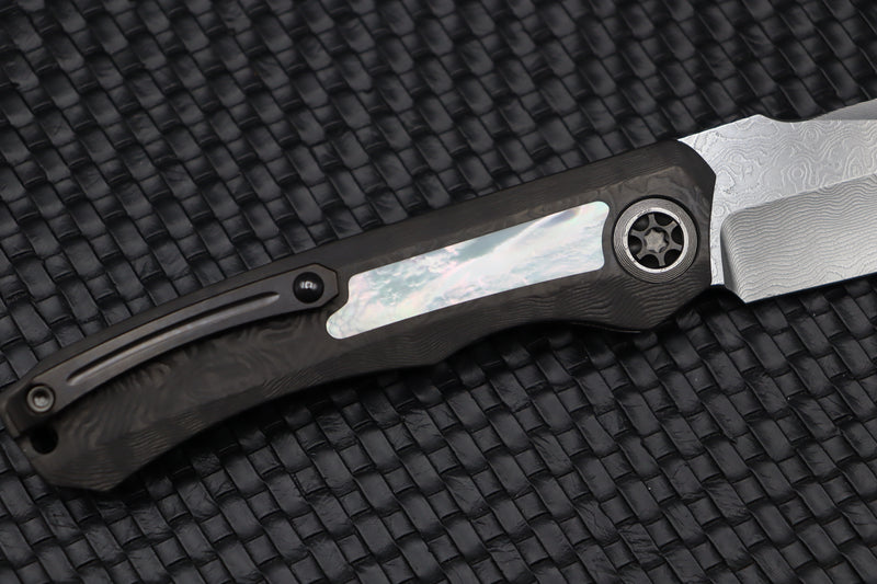 Heretic Knives Wraith Auto w/ Black Dunes Fat Carbon & Mother of Pearl Inlays & Hand Ground Vegas Forge Damascus