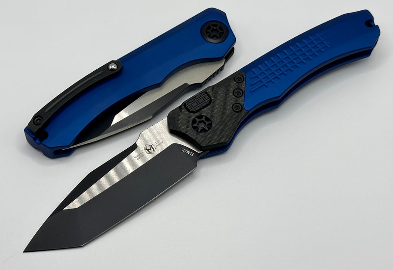Heretic Knives Wraith Auto Two Tone Black Tanto w/ Carbon Fiber Bolster & Blue Handle H100-10A-BLU