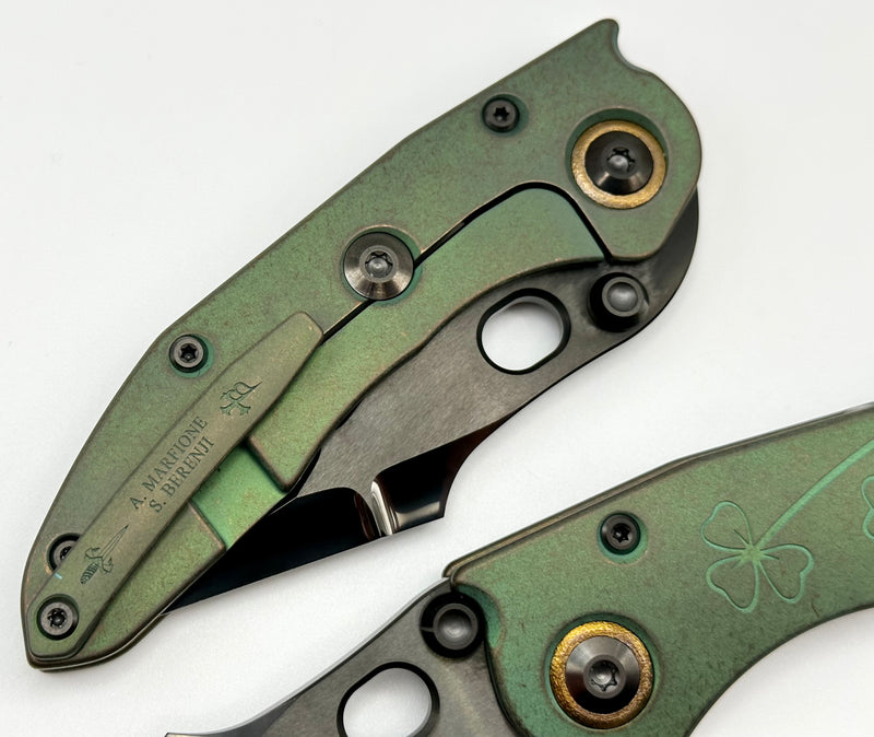 Marfione Custom Knives & Borka Blades Antique Green Lucky Stitch w/ DLC Diamond Wash Double Star Grind M390 & Antique Green Engraved Titanium