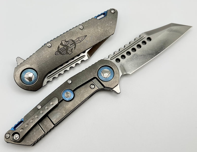 Marfione Custom Knives Warhound Stonewash Titanium w/ Deep Engraved Dagger Relief & Two Tone Stonewash Semi Mirror CTS-204P w/ Blue Accents
