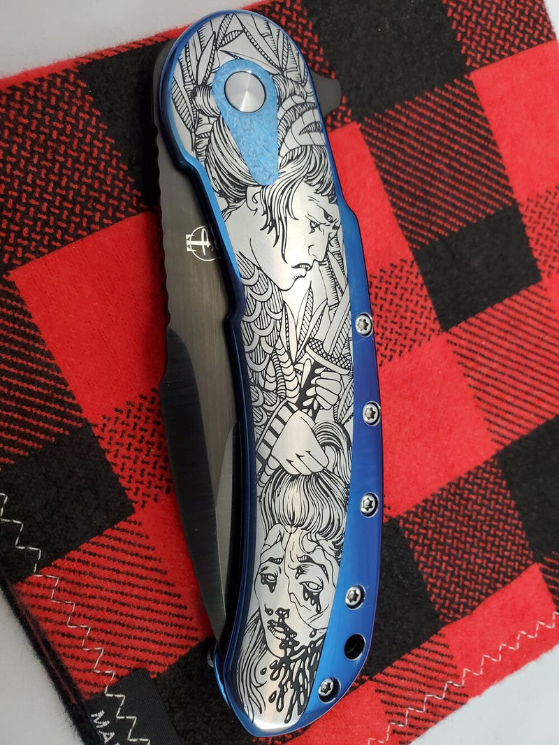 Todd Begg California Custom Shop Bodega Engraved Dragon Lady Blue N690 Compound Grind Blade